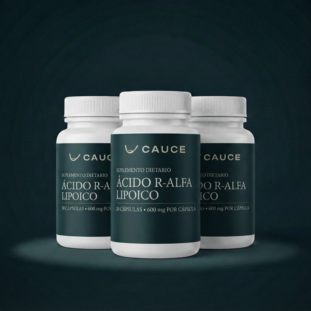 Tres frascos de Ácido R-Alfa Lipoico de CAUCE, de 30 cápsulas de 600 mg cada una.