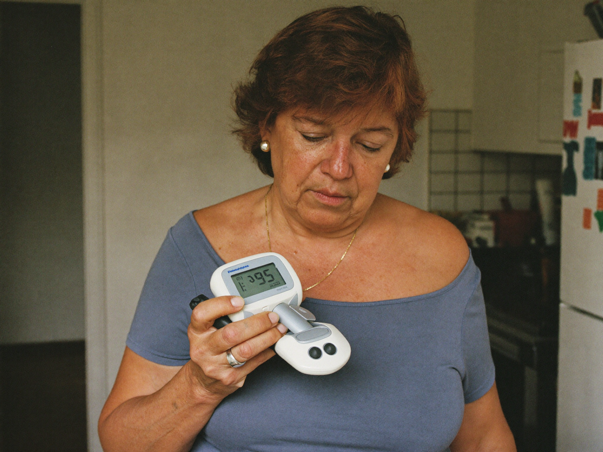 Mujer sentada en su casa, mirando la pantalla de un medidor de glucosa.