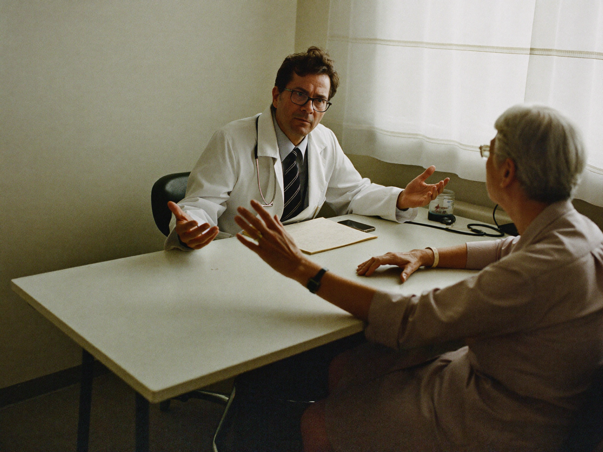Dos personas conversando frente a un escritorio en un consultorio.
