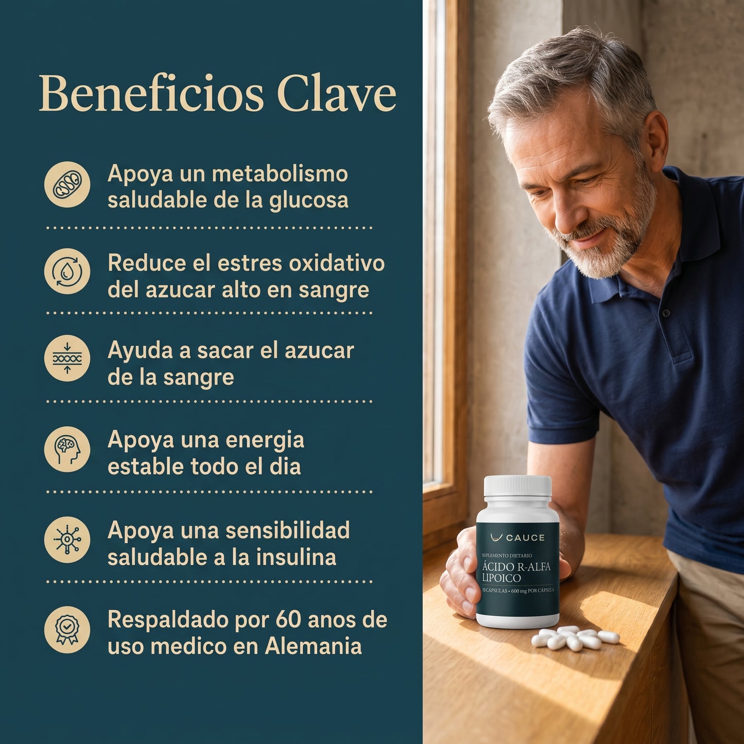 Ácido R-alfa lipoico — Cápsulas de 600 mg en forma R pura